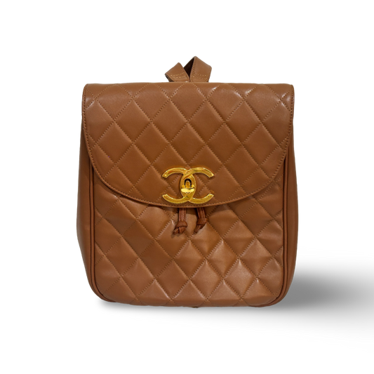 Chanel Vintage Lambskin Quilted Big Logo Backpack Brown