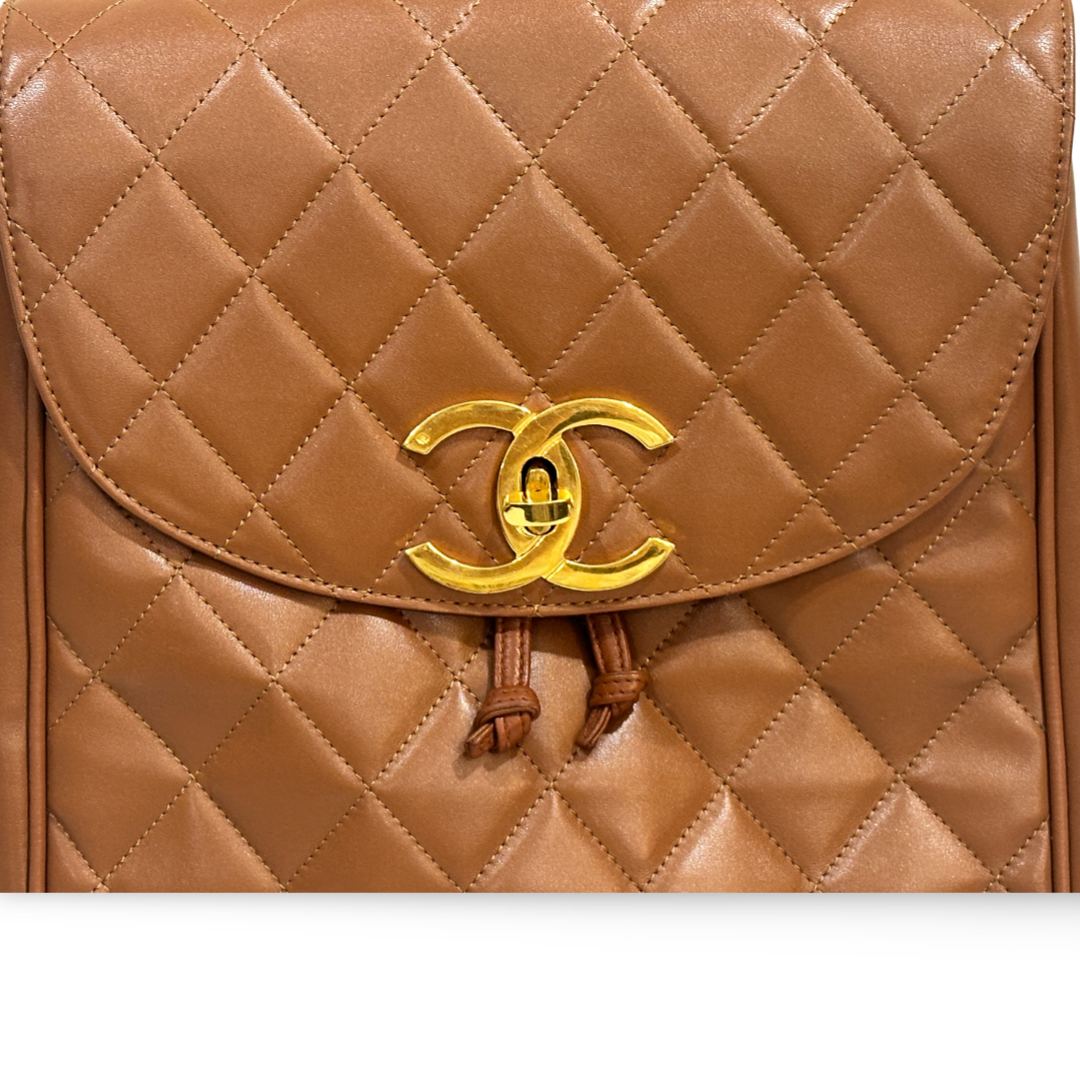 Chanel Vintage Lambskin Quilted Big Logo Backpack Brown