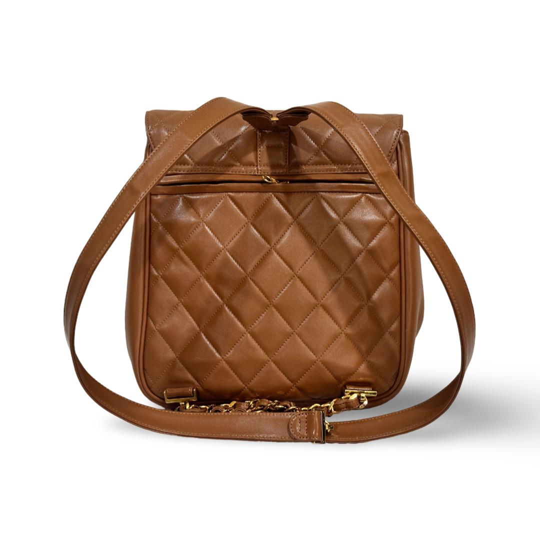 Chanel Vintage Lambskin Quilted Big Logo Backpack Brown
