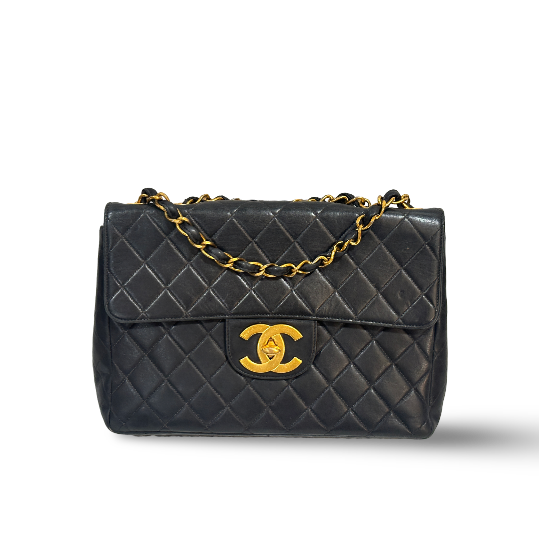 Chanel Vintage Lambskin Quilted Big Logo Jumbo Single Flap Black
