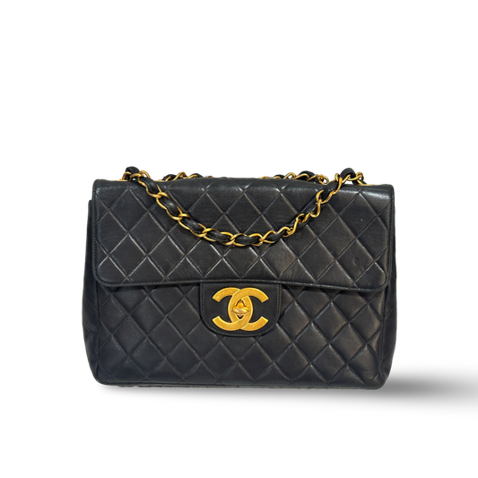 Chanel Vintage Lambskin Quilted Big Logo Jumbo Single Flap Black