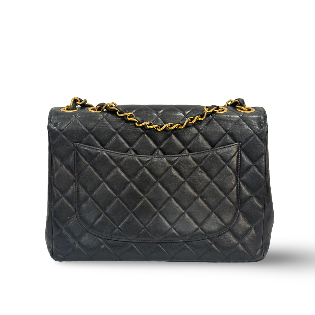 Chanel Vintage Lambskin Quilted Big Logo Jumbo Single Flap Black