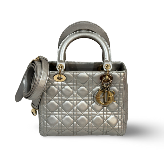 Dior Cannage Lambskin Medium Lady Bag Silver