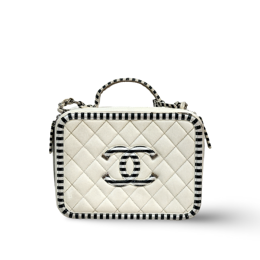 Chanel Caviar Medium Stripe Vanity Case White/Black