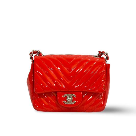 Chanel Chevron Patent Quilted Mini Square Single Flap Red