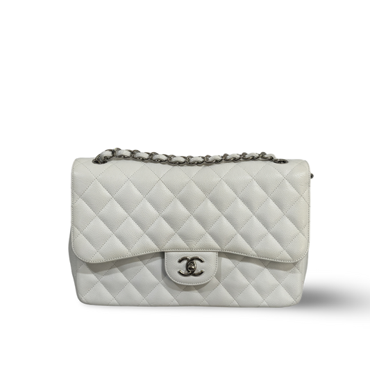 Chanel Classic Caviar Quilted Jumbo Double Flap White