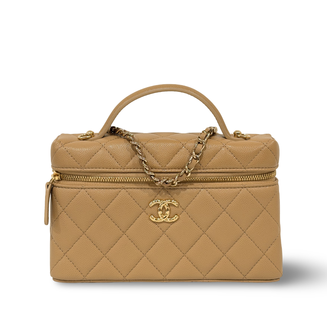 Chanel Quilted Caviar 26C Slim Vanity Bag - GHW/ Beige