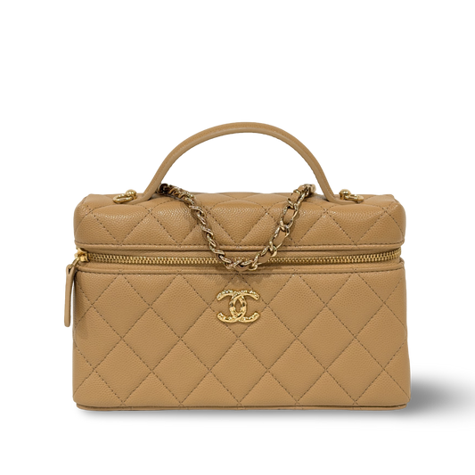 Chanel Quilted Caviar 26C Slim Vanity Bag - GHW/ Beige