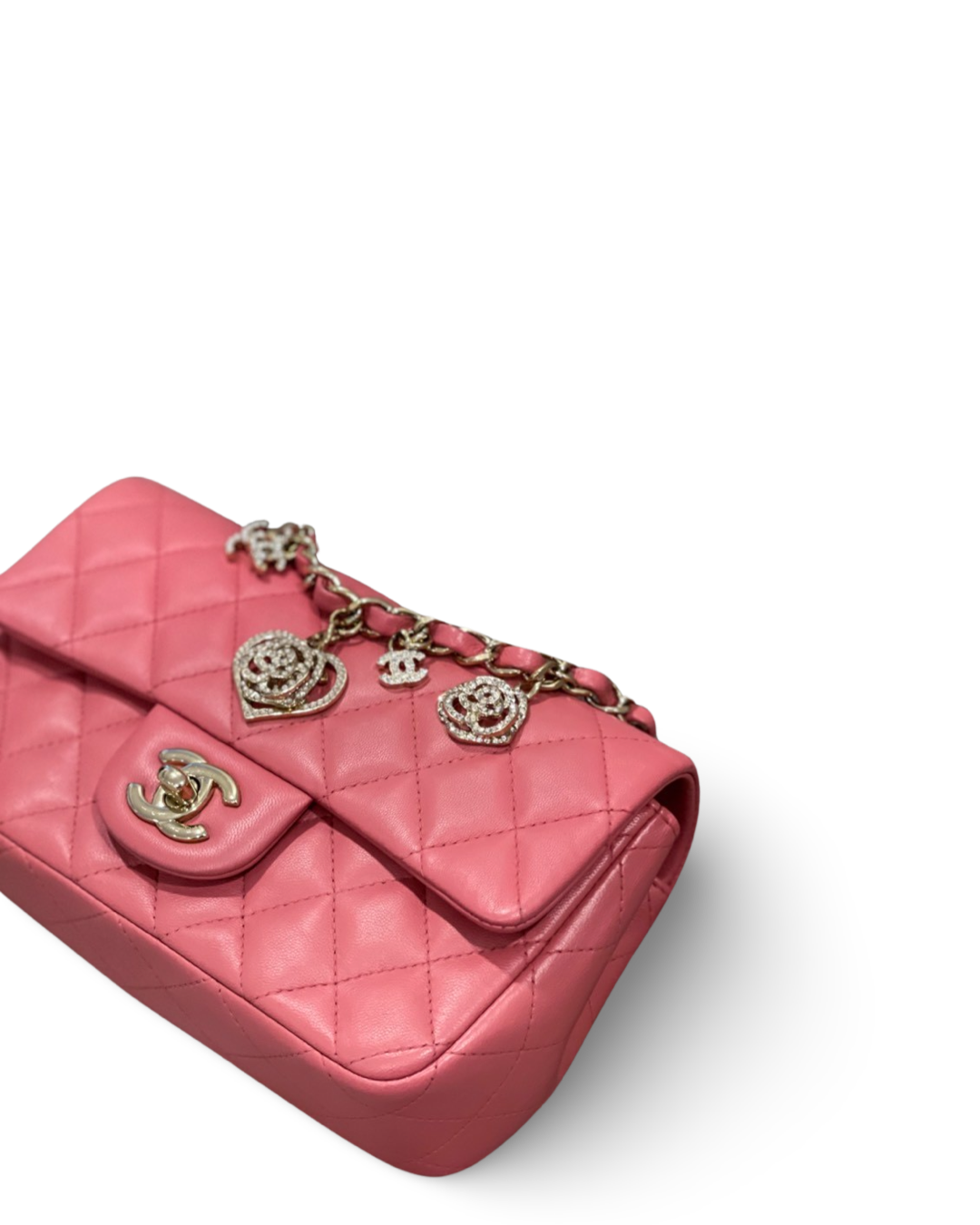 Chanel Quilted Lambskin with Valentine Charms Mini Rectangular Rose Pink Single Flap