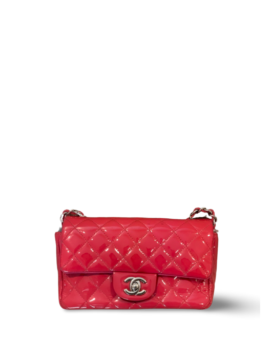 Chanel Classic Patent Quilted Mini Rectangular Peach Pink Single Flap