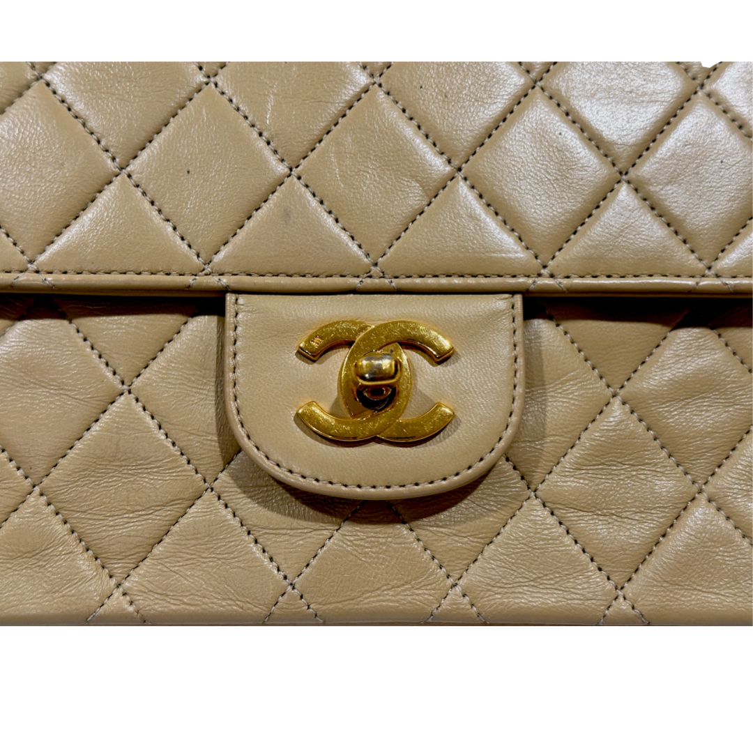 Chanel Classic Vintage Lambskin Quilted Medium Netural Double Flap