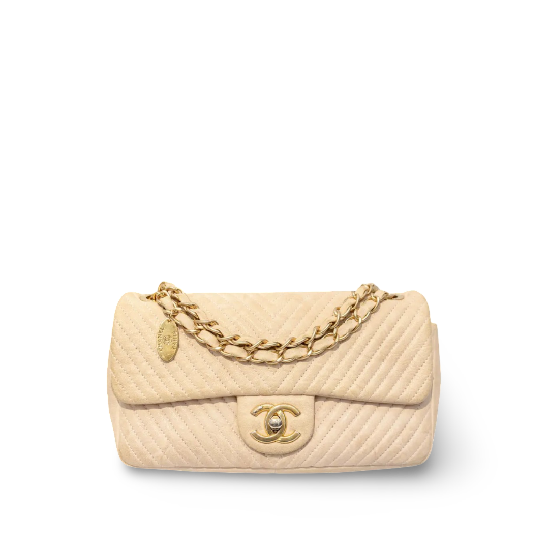 Chanel Qutiled Calfskin Chevron Small Surpique Single Flap - GHW / Beige