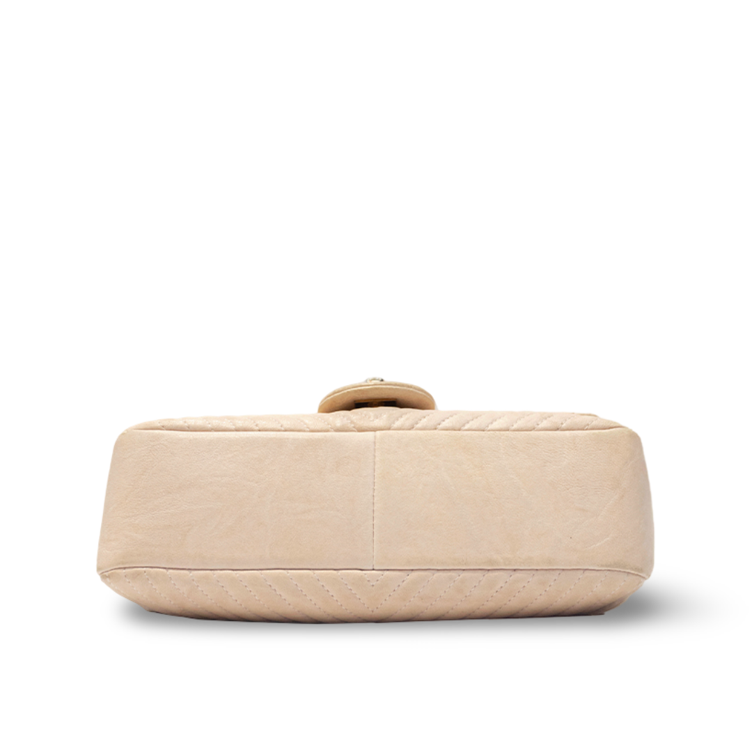 Chanel Qutiled Calfskin Chevron Small Surpique Single Flap - GHW / Beige