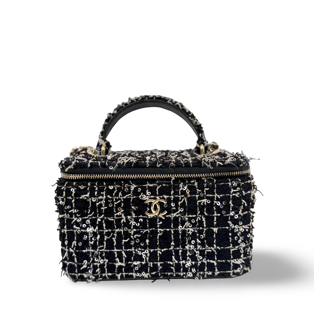 Quitled Tweed Medium Vanity Box - SHW/ Black/ White