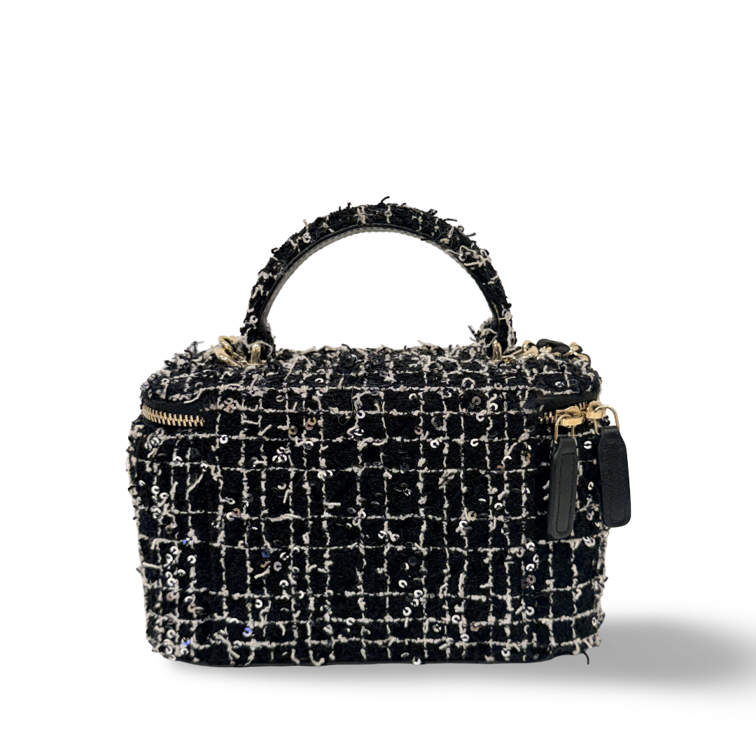 Quitled Tweed Medium Vanity Box - SHW/ Black/ White