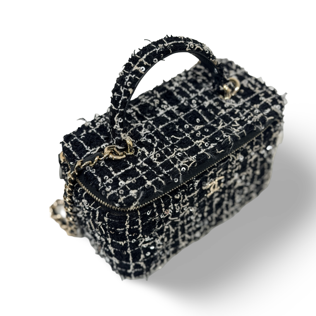 Quitled Tweed Medium Vanity Box - SHW/ Black/ White
