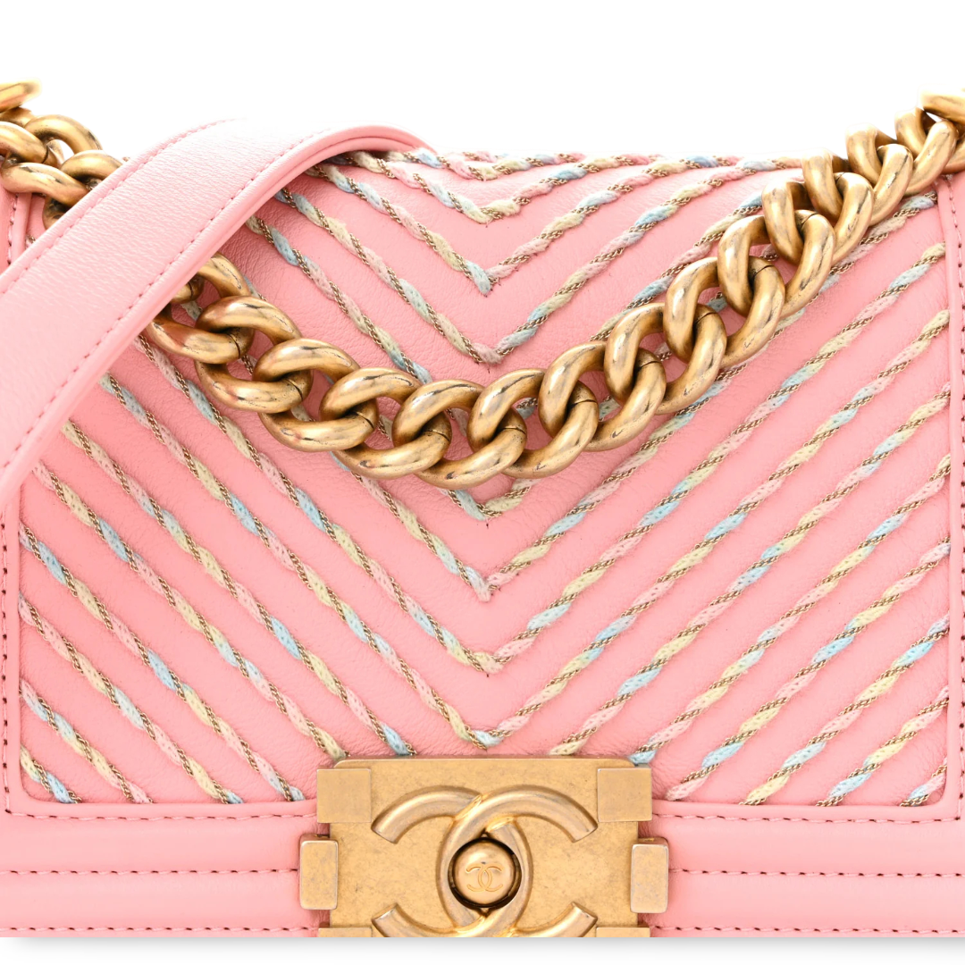 Chanel Quilted Calfskin Chevron Small Embroidered Boy Bag - GHW/ Pink