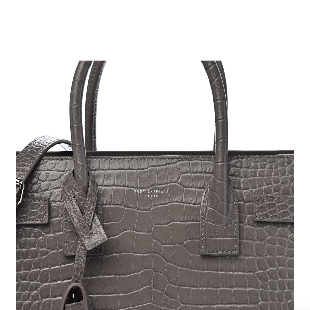 Saint Laurent Calfskin Crocodile Embossed Small Sac De Jour Bag - SHW/ Gray