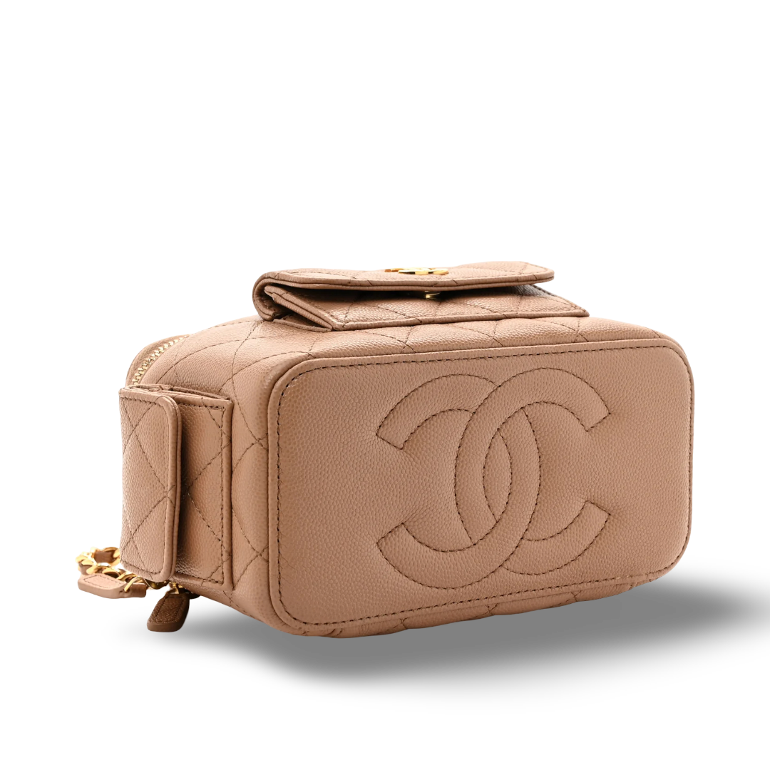 Chanel Quilted Caviar Small Tophandle Pocket Vanity Case - GHW / Caramel