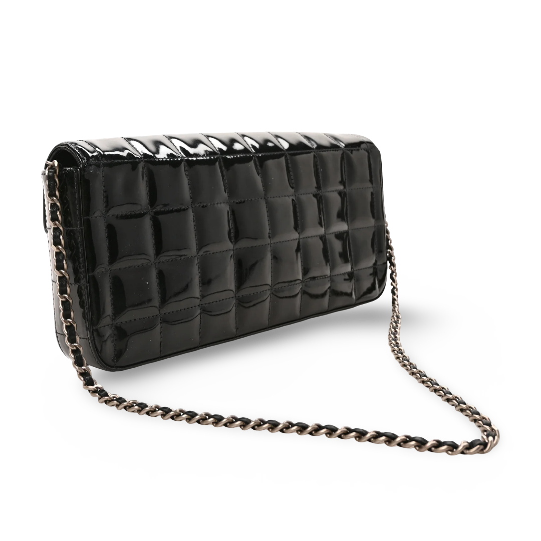 Chanel Quilted Patent East West Chocolate Bar Flap - SHW/ Black