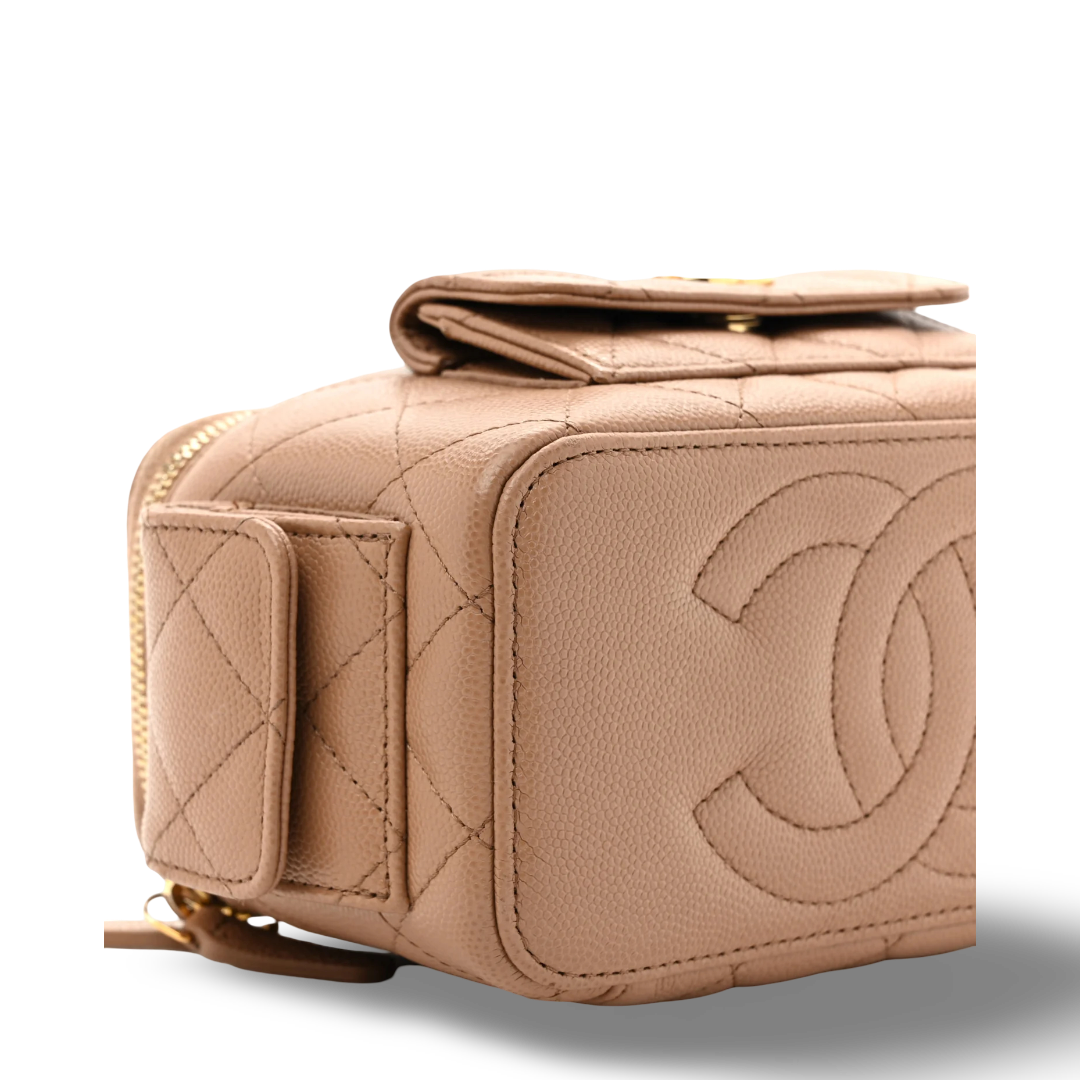 Chanel Quilted Caviar Small Tophandle Pocket Vanity Case - GHW / Caramel