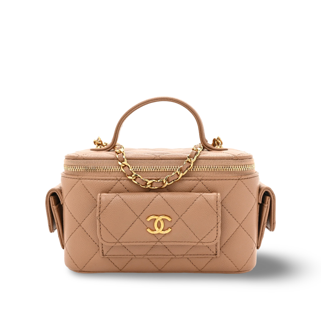Chanel Quilted Caviar Small Tophandle Pocket Vanity Case - GHW / Caramel