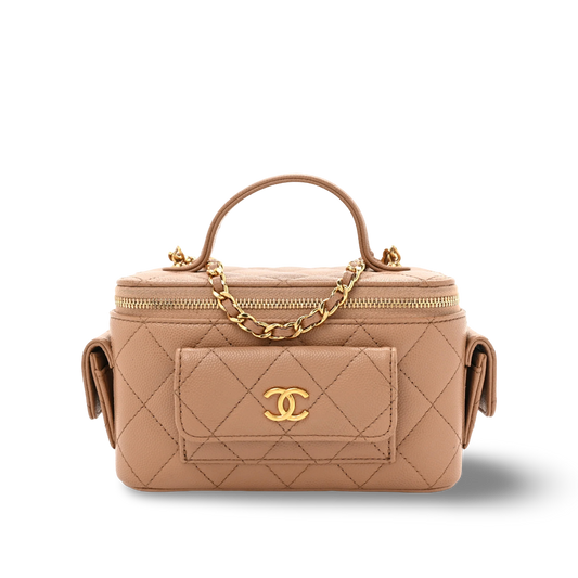 Chanel Quilted Caviar Small Tophandle Pocket Vanity Case - GHW / Caramel