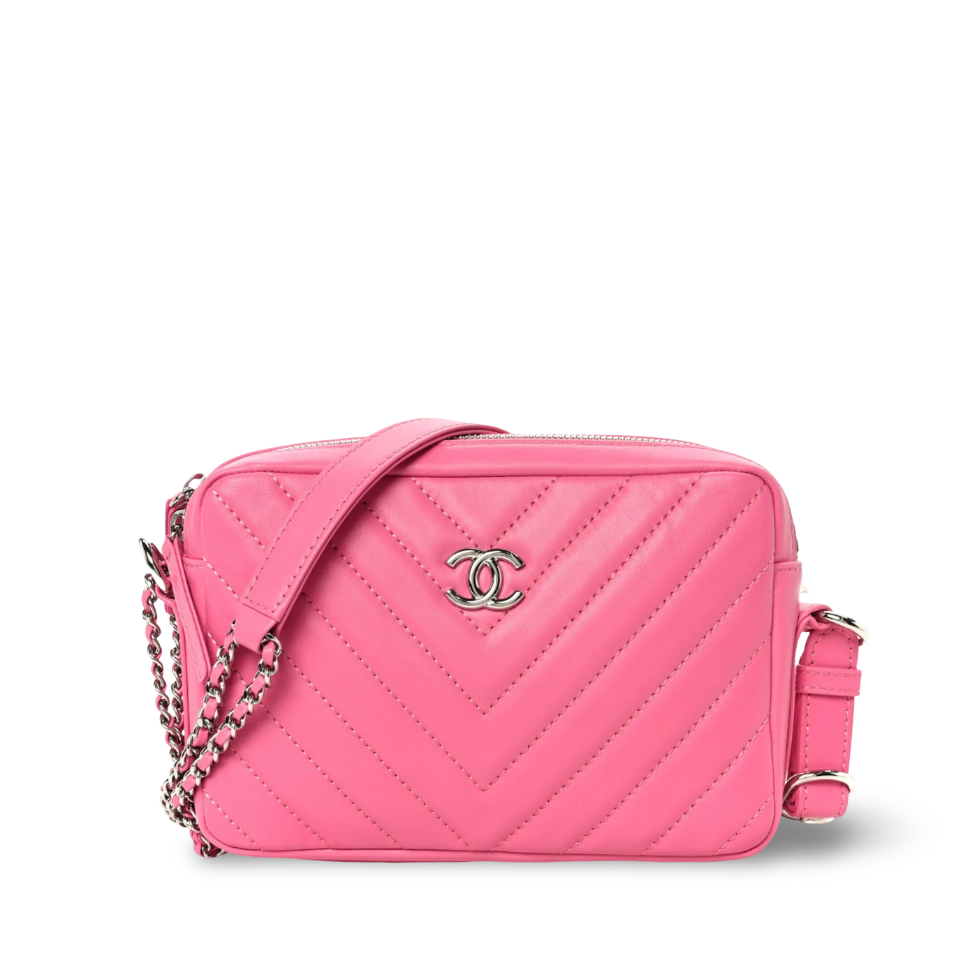 Chanel Quilted Lambskin Chevron Small Promenade Camera Case- SHW/ Pink