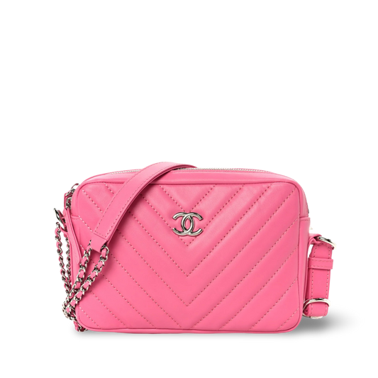 Chanel Quilted Lambskin Chevron Small Promenade Camera Case- SHW/ Pink