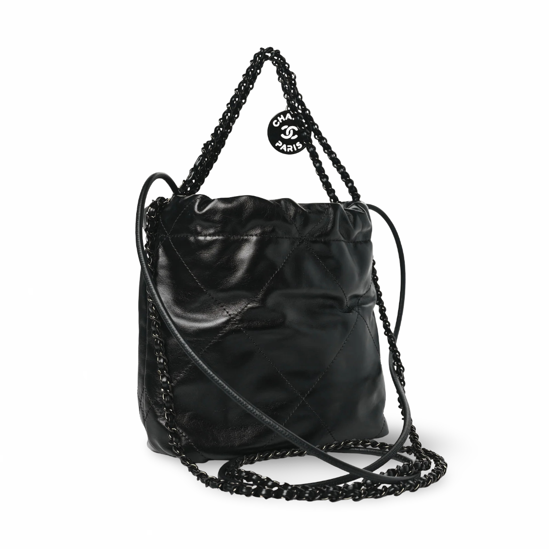 Chanel Quilted Shinny Lambskin So Black Mini 22 Bag - BHW / Black