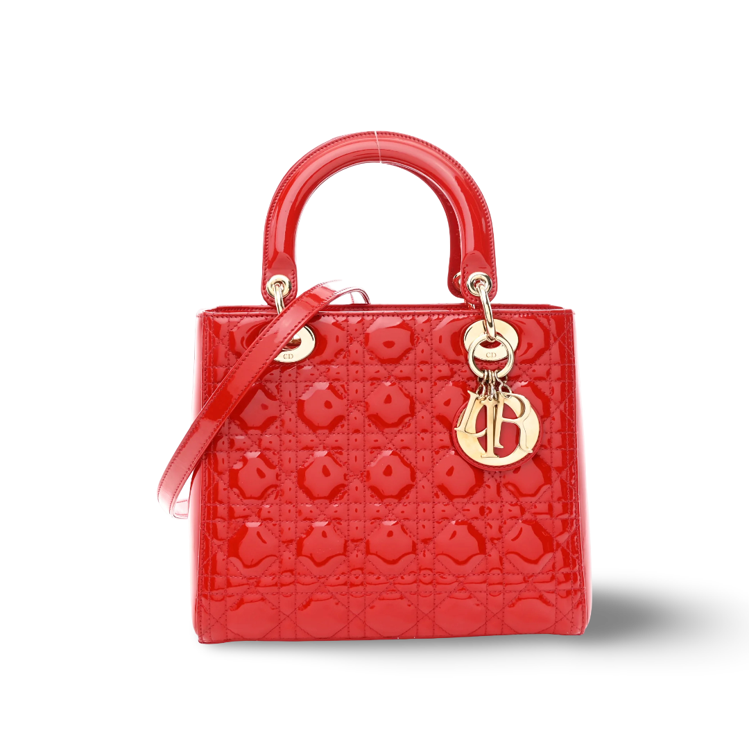 Dior Cannage Patent Medium Lady Bag - GHW / Red
