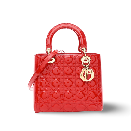 Dior Cannage Patent Medium Lady Bag - GHW / Red