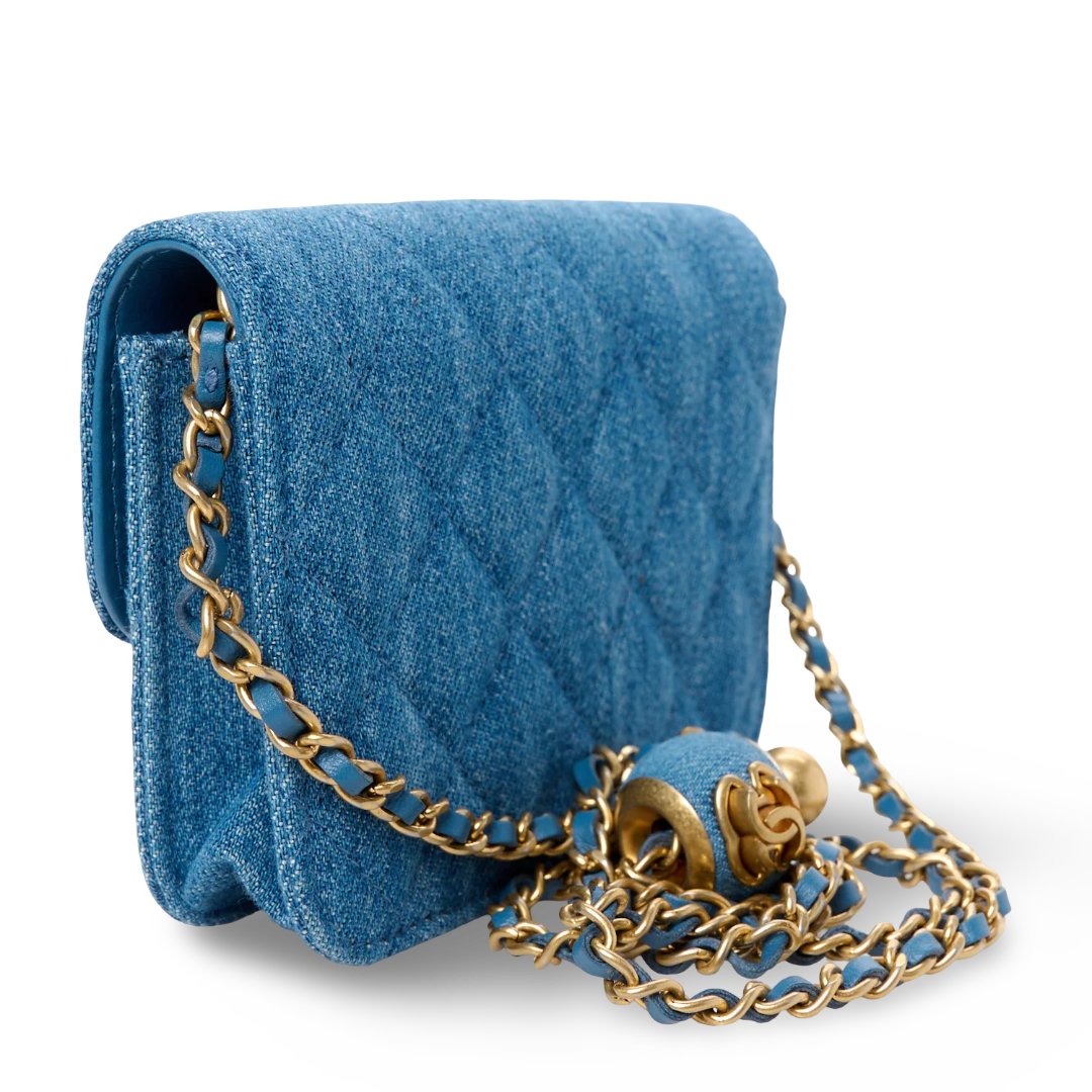Chanel Quilted Denim CC Pearl Crush Clutch With Chain- GHW/ Blue