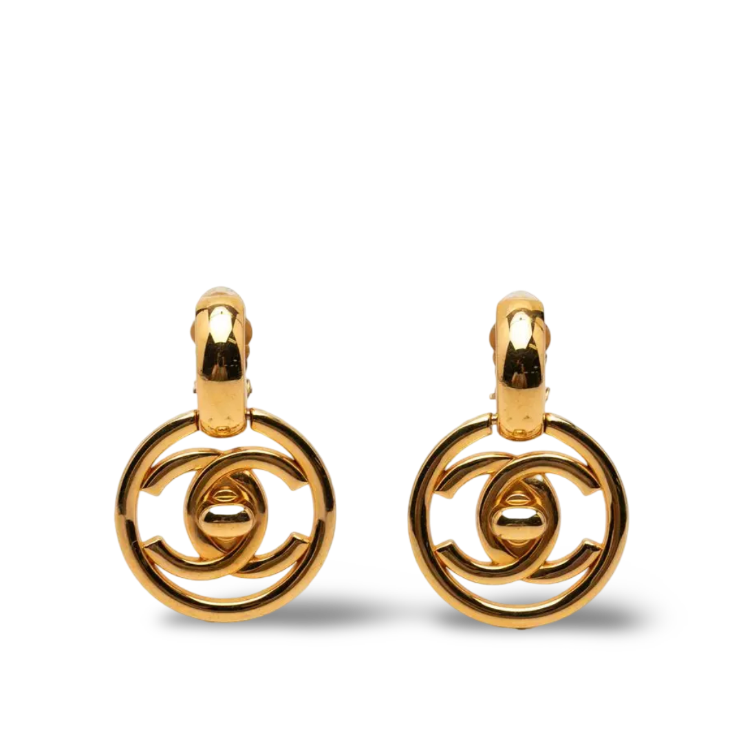 Chanel Vintage Encircled CC Logo Turnlock Earrings - Gold