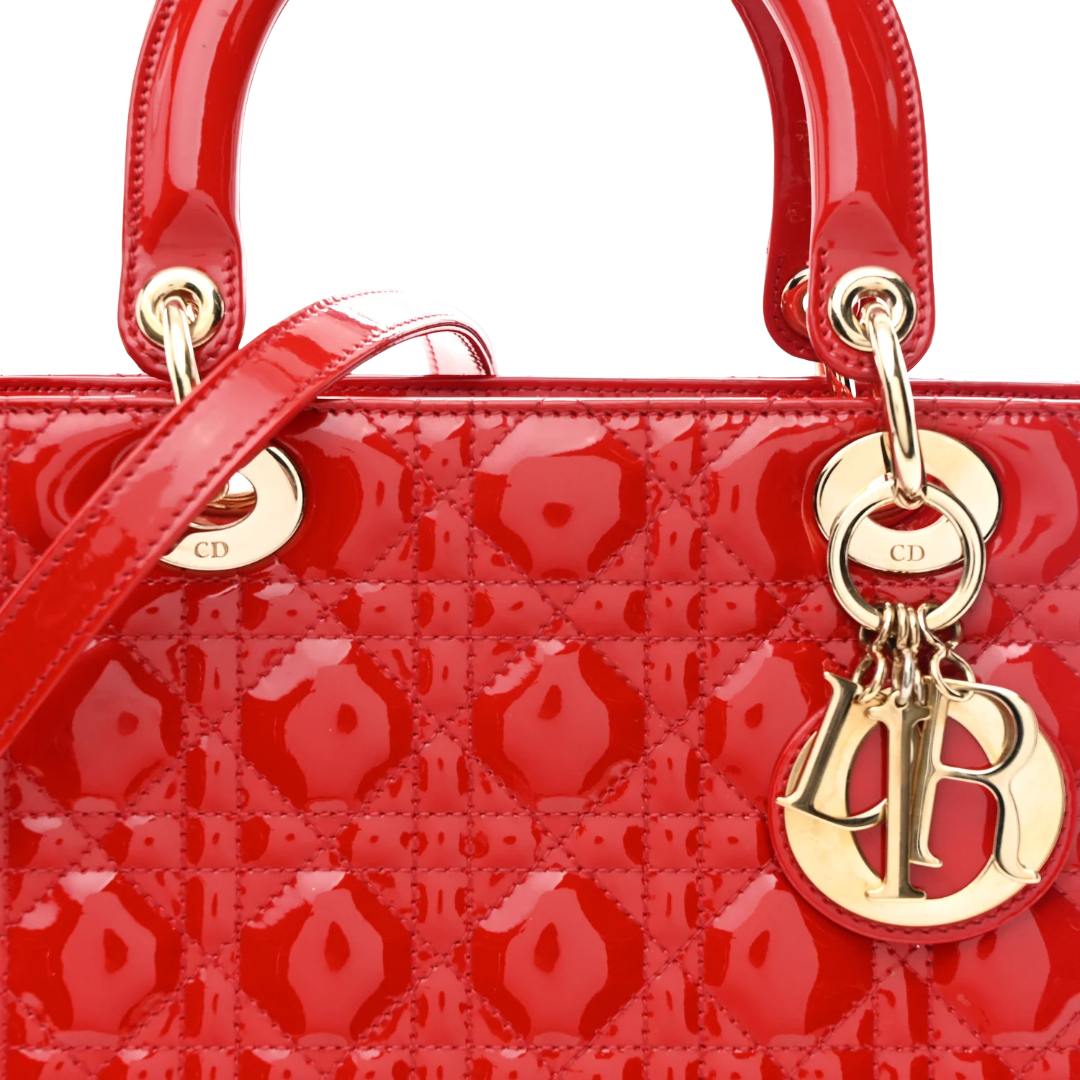 Dior Cannage Patent Medium Lady Bag - GHW / Red