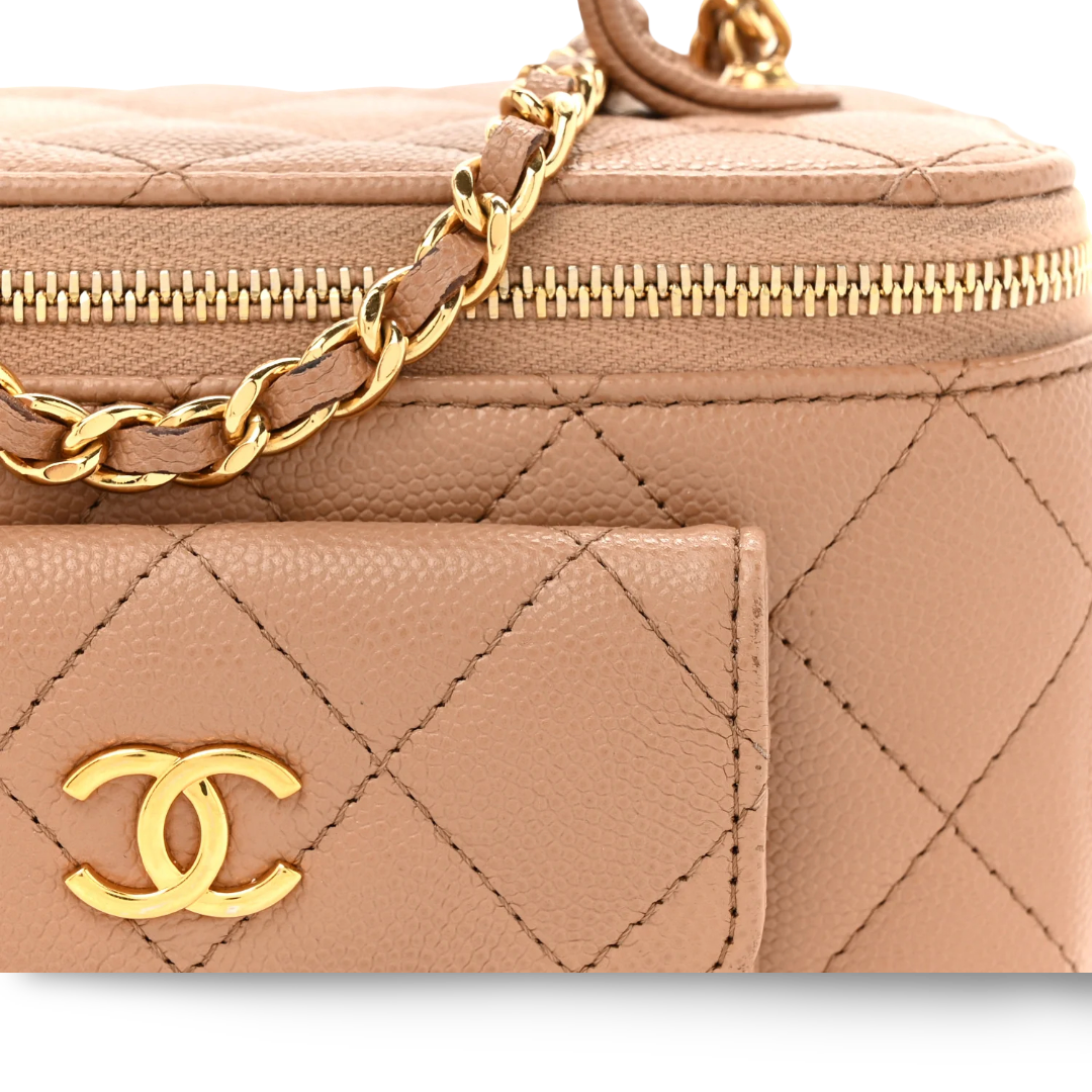 Chanel Quilted Caviar Small Tophandle Pocket Vanity Case - GHW / Caramel