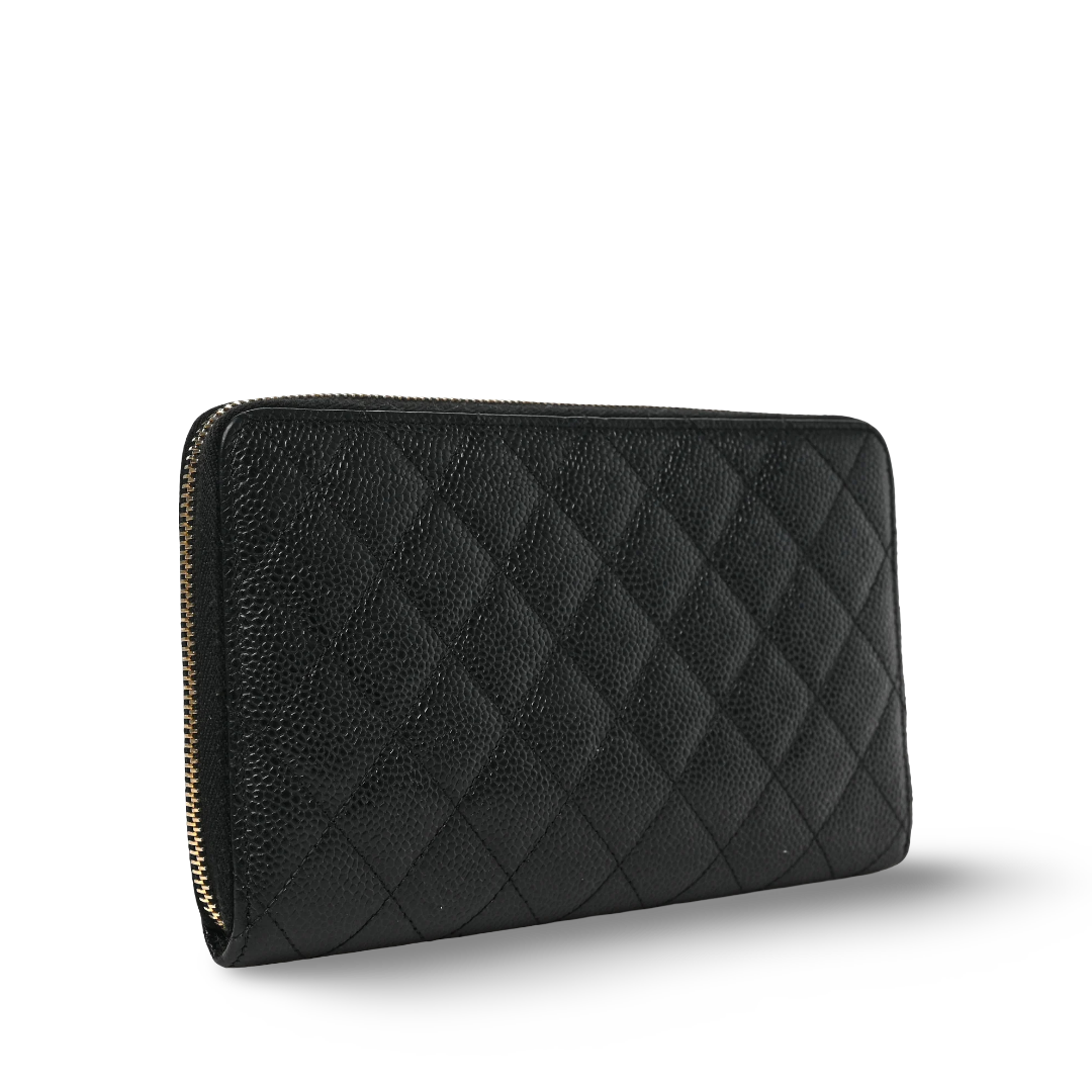 Chanel Quilted Caviar Large Zip Around Organizer Wallet- GHW  Black