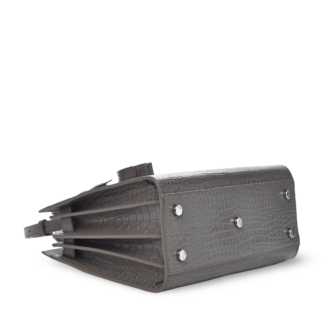 Saint Laurent Calfskin Crocodile Embossed Small Sac De Jour Bag - SHW/ Gray