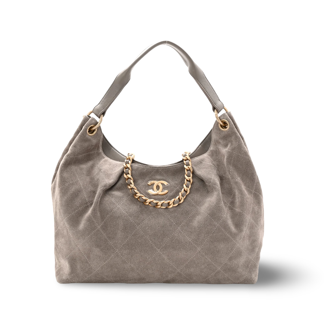 Chanel Quilted Suede Large Hobo - GHW/ Dark Grey