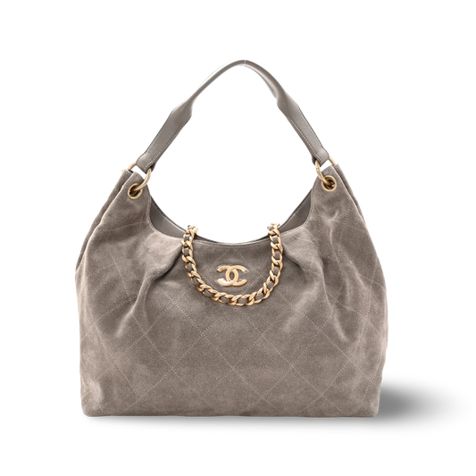 Chanel Quilted Suede Large Hobo - GHW/ Dark Grey