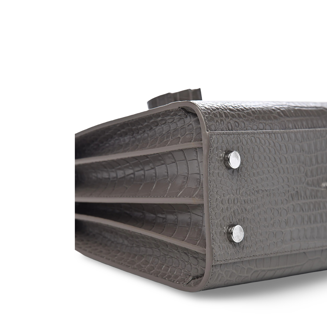 Saint Laurent Calfskin Crocodile Embossed Small Sac De Jour Bag - SHW/ Gray