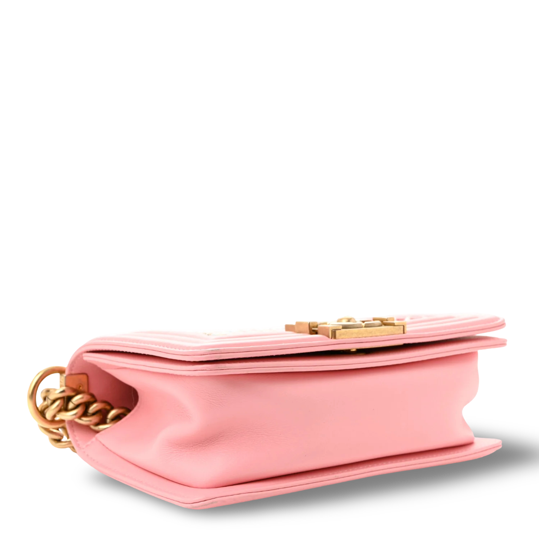 Chanel Quilted Calfskin Chevron Small Embroidered Boy Bag - GHW/ Pink