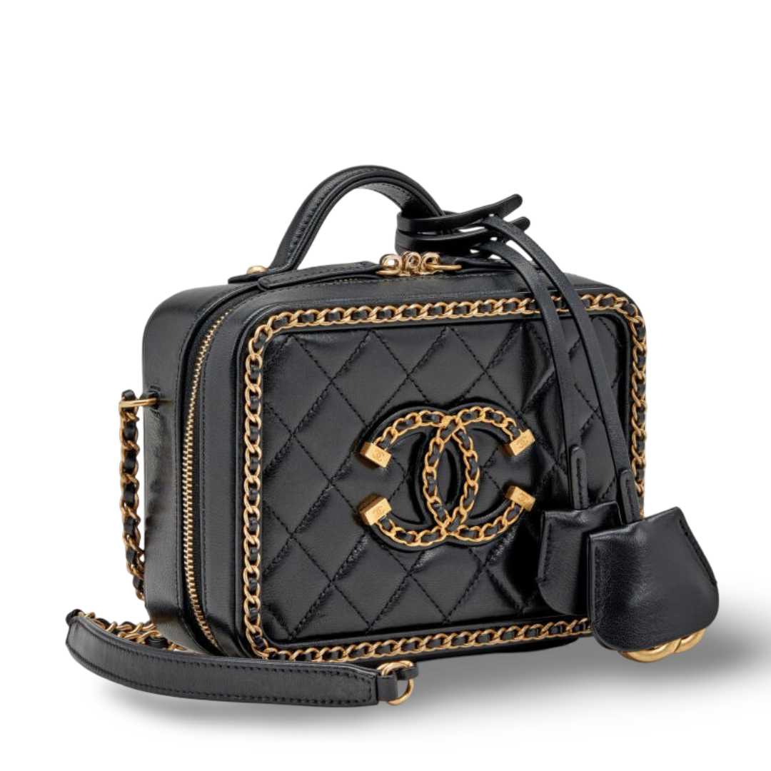Chanel Quilted Lambskin Small CC Filigree Chain Around Vanity Case - GHW / Black