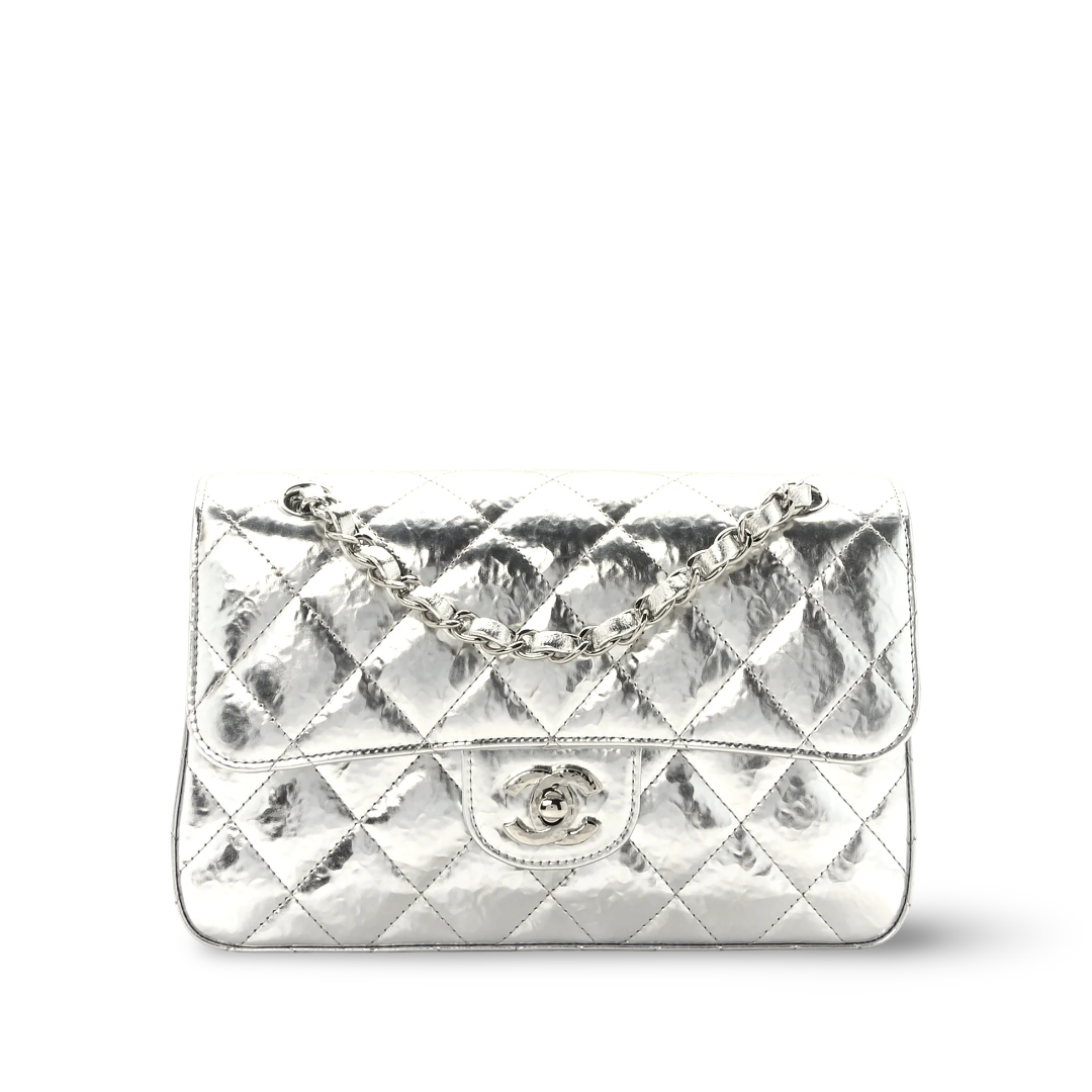 Chanel Quilted Hammered Metallic Calfskin Quilted Small Double Flap- SHW / Sliver