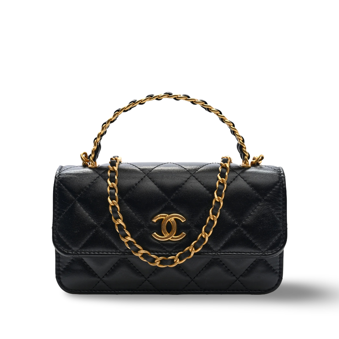 Chanel Quilted Calfskin Top Handle Flap Phone Holder With Chain - GHW/ Black