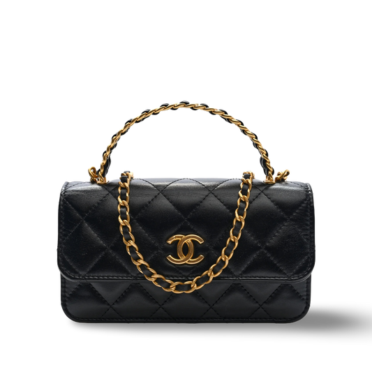 Chanel Quilted Calfskin Top Handle Flap Phone Holder With Chain - GHW/ Black