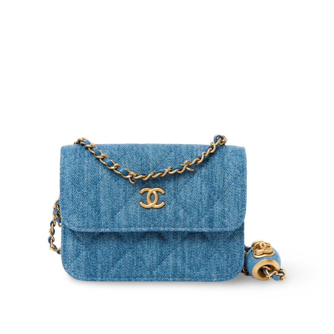 Chanel Quilted Denim CC Pearl Crush Clutch With Chain- GHW/ Blue