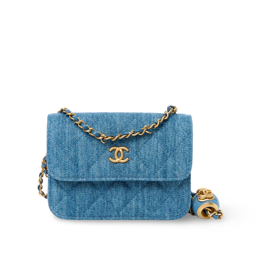 Chanel Quilted Denim CC Pearl Crush Clutch With Chain- GHW/ Blue