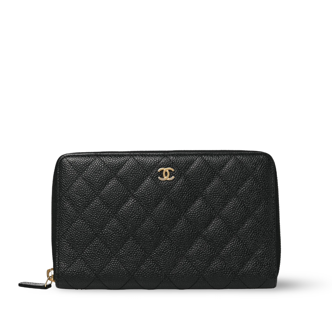 Chanel Quilted Caviar Large Zip Around Organizer Wallet- GHW  Black