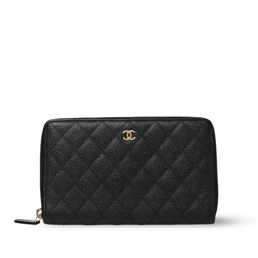 Chanel Quilted Caviar Large Zip Around Organizer Wallet- GHW  Black